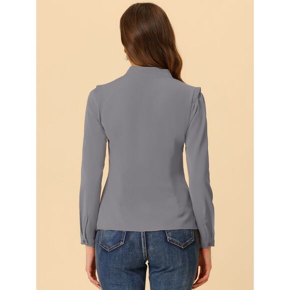 Blouse Button Up Long Sleeve V Neck Chiffon Shirt Grey - Picture 4 of 5